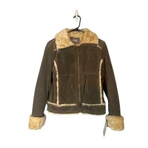 Wilsons Leather Brown Suede Fur Trim Full Zip Jacket Women Sz XS